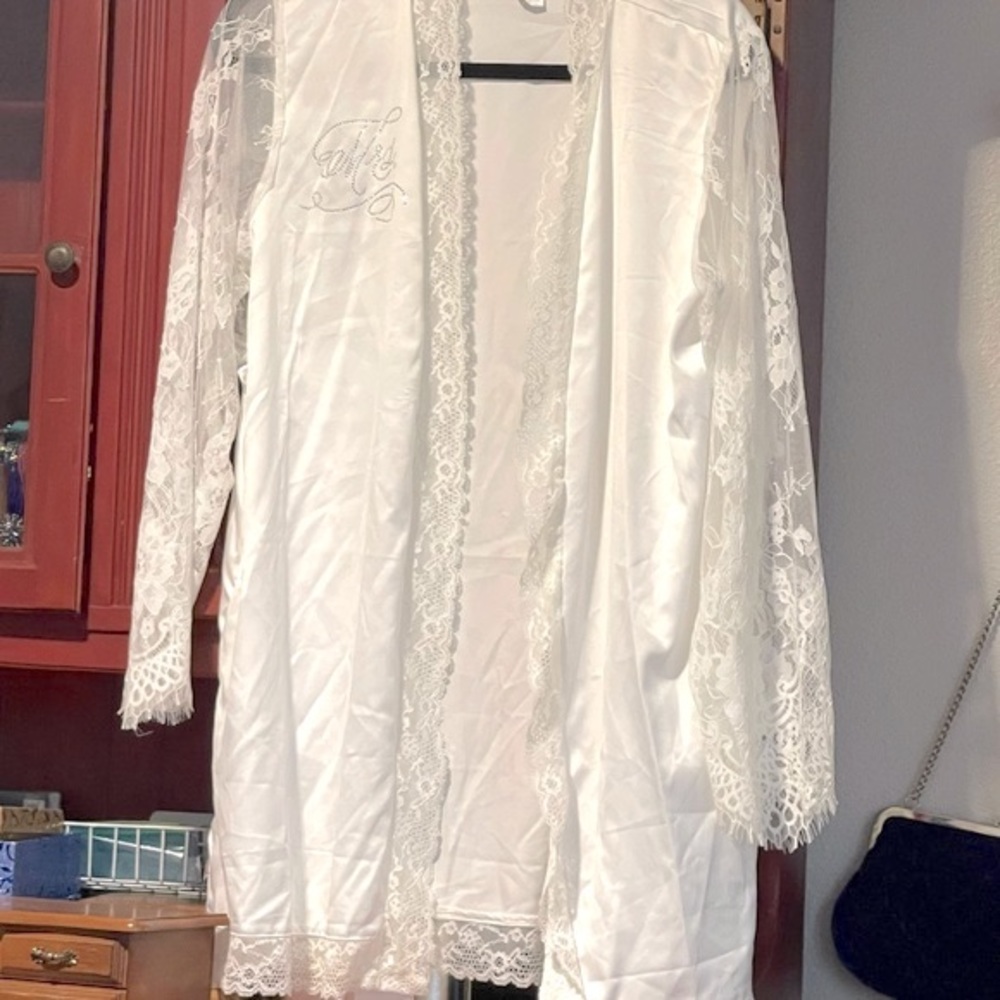 Satin jkt open front duster kimono lace slvs/trim Vtg Claire’s Tunic Crystals